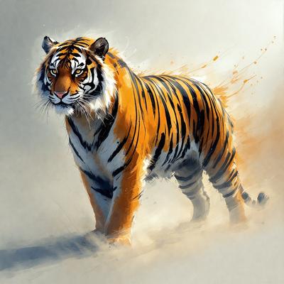 The primary subject of the image is a large tiger walking through a snowy environment. The setting includes a snowy ground and a sky background. The visual style of the image is a painting, which gives it a unique and artistic appearance. The dominant colors in the painting are orange and white, which are the colors of the tiger and the snow, respectively. The overall atmosphere of the painting is one of beauty and power, as the tiger confidently strides through the snowy landscape.